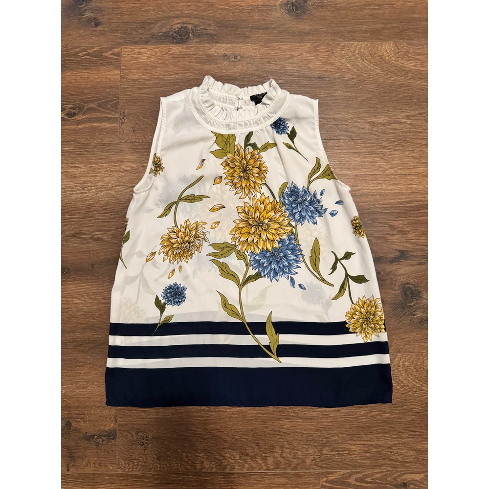 Ann Taylor Factory Floral Ruffle Neck Sleeveless Blouse White Navy XXSP Petite